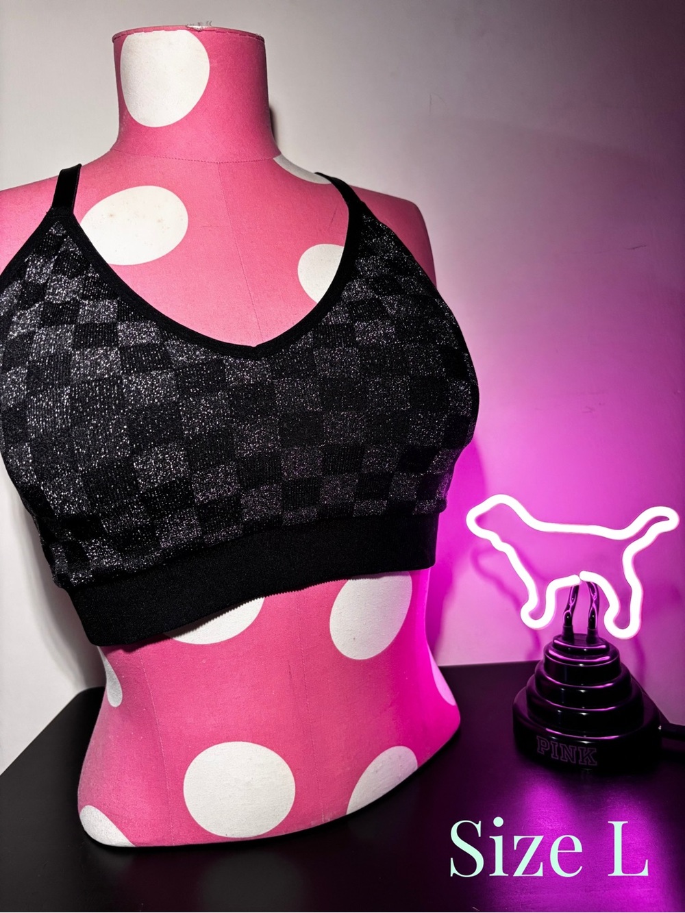 Victoria’s Secret Pink Active Sports Bra Checkered Black Silver Shine Size Large